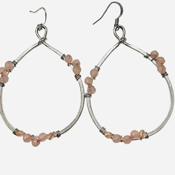 Silver Tone Pink Beaded Hoop Earrings - Picture 1 of 8